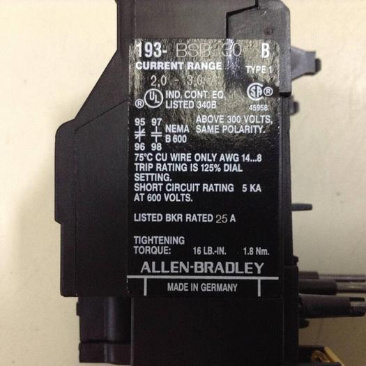 Used ALLEN BRADLEY Bimetallic Overload Relay 193-BSB30 SER B #89383