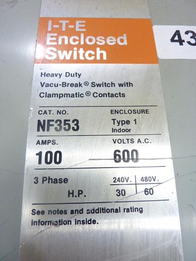 Used ITE SIEMENS 100 Amp Safety Disconnect Switch NF353 #43000