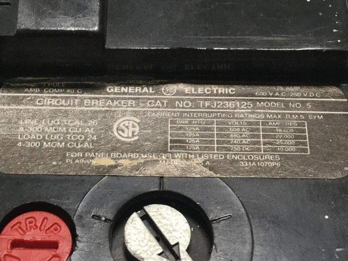 Used GENERAL ELECTRIC / GE 125 Amp Circuit Breaker TFJ236125 Used