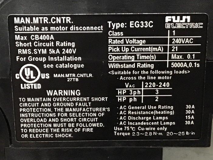 Used FUJI ELECTRIC 30 Amp Circuit Breaker EG33C EB3AEC-030B #125496