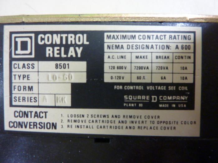 Used SQUARE D Control Relay 8501-L0-60 #62728