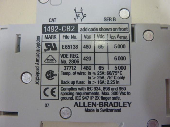 Used ALLEN BRADLEY 15 Amp Circuit Breaker 1492-CB2/H150 SER B #63757