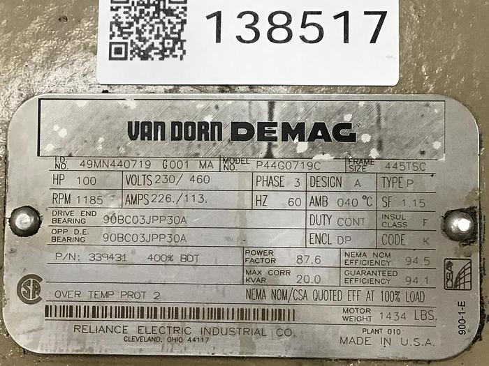 Used RELIANCE ELECTRIC Motor P44G0719C Used #138517rel