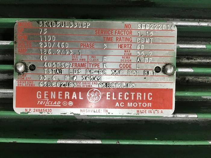 Used GENERAL ELECTRIC 75 HP Motor 5K405JL330CP Used