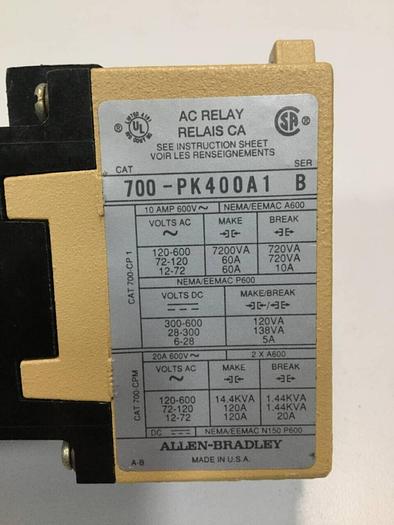 Used ALLEN BRADLEY Master Control AC Relay 700-PK400A1 SER B #93025