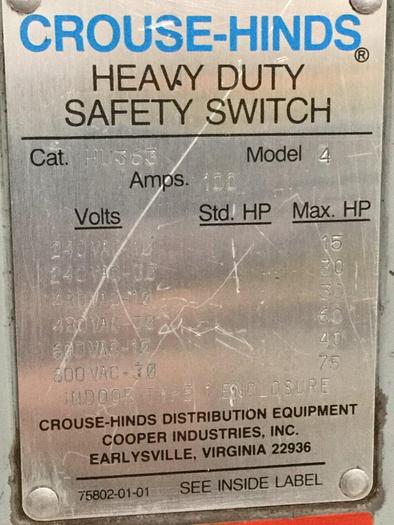 Used SQUARE D 100 Amp Safety Switch HU363 #107896