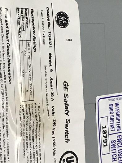 Used GE ENERGY Safety Switch 30 Amp TG4321 #112089