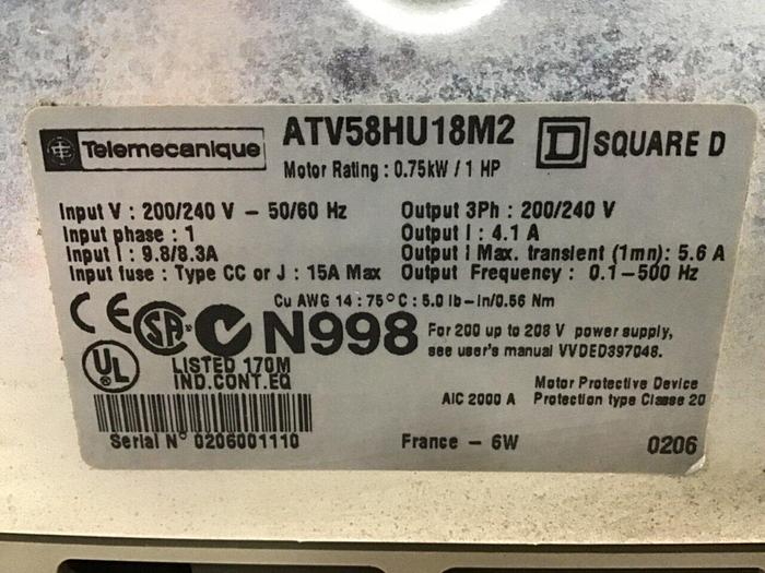 Used TELEMECANIQUE Variable Speed Drive ATV58HU18M2 #141054