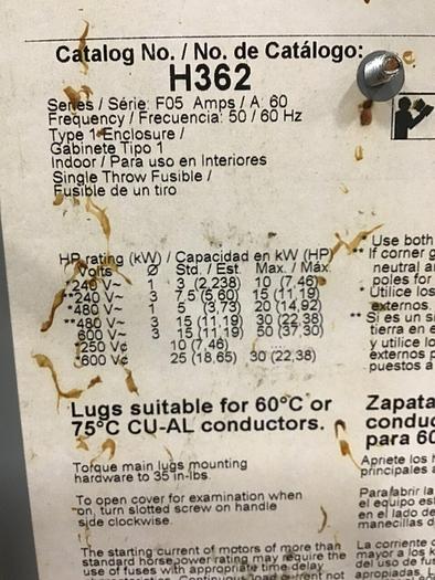 Used SQUARE D Safety Disconnect Switch H362 F1 #138630