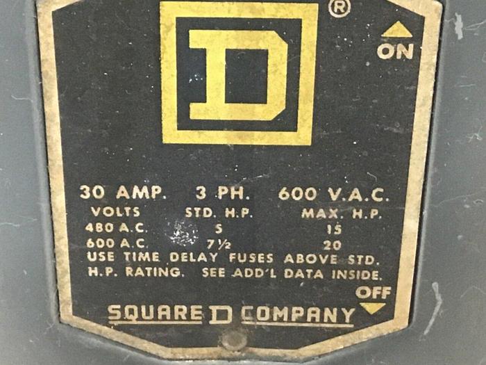 Used SQUARE D 30 Amp Safety Switch Ser A1 A85341 #128055