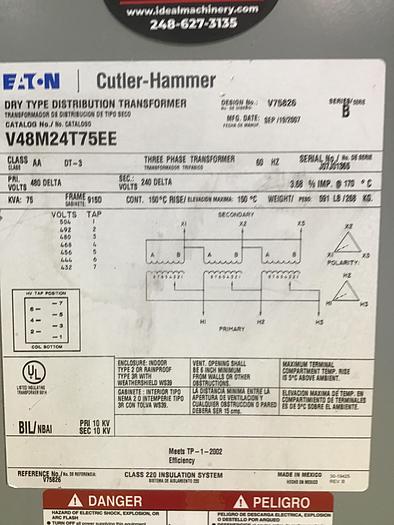 Used CUTLER HAMMER 75 KVA Transformer V48M24T75EE Used #145535