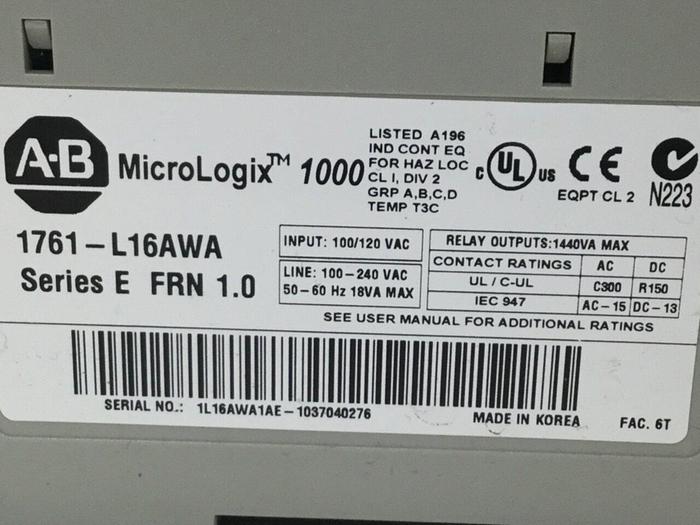 Used ALLEN BRADLEY Micrologix 1000 Controller 1761-L16AWA Used