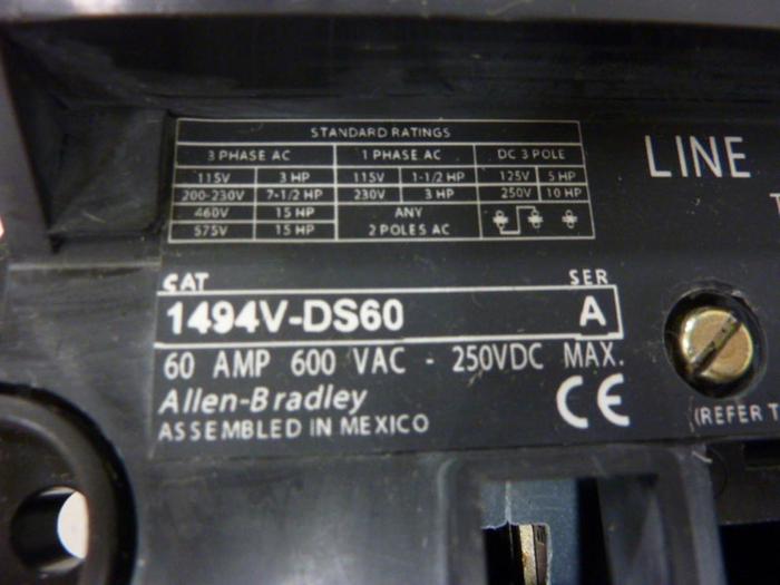 Used ALLEN BRADLEY 60 Amp Disconnect Switch 1494V-DS60 SER A #57440