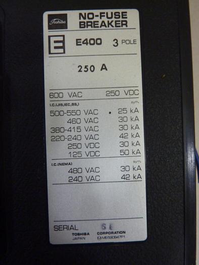 Used TOSHIBA 250 Amp Circuit Breaker E400-3P-250A #57888