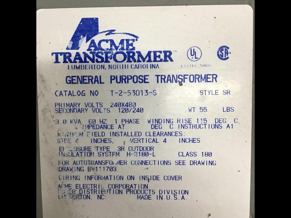 Used ACME 3 kVA Transformer T-2-53013-S USED