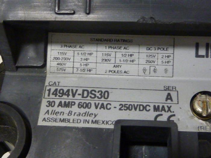 Used ALLEN BRADLEY 30 Amp Disconnect Switch 1494V-DS30 SER A #57388