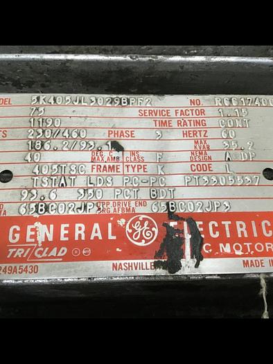 Used GENERAL ELECTRIC 75 HP Motor 5K405JL3029BPF2 #125148