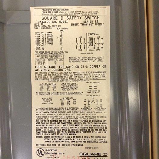 Used SQUARE D 30 Amp Safety Switch HU361 #69304
