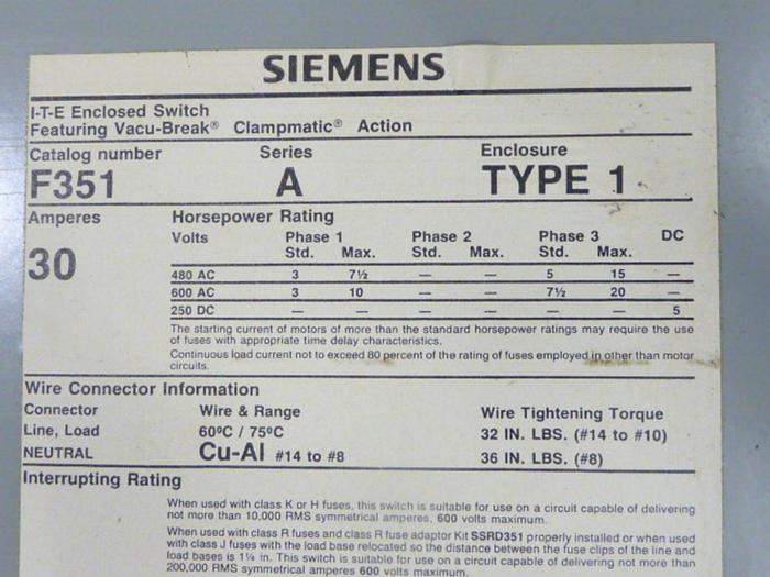 Used SIEMENS 30 Amp Disconnect Switch F351 #42994