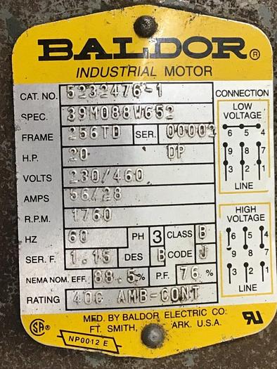 Used BALDOR 20 HP Motor 5232476-1 Used