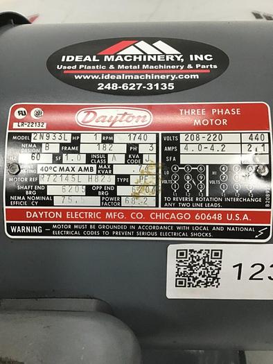 Used DAYTON 1 HP Three Phase Motor 2N933L #123303