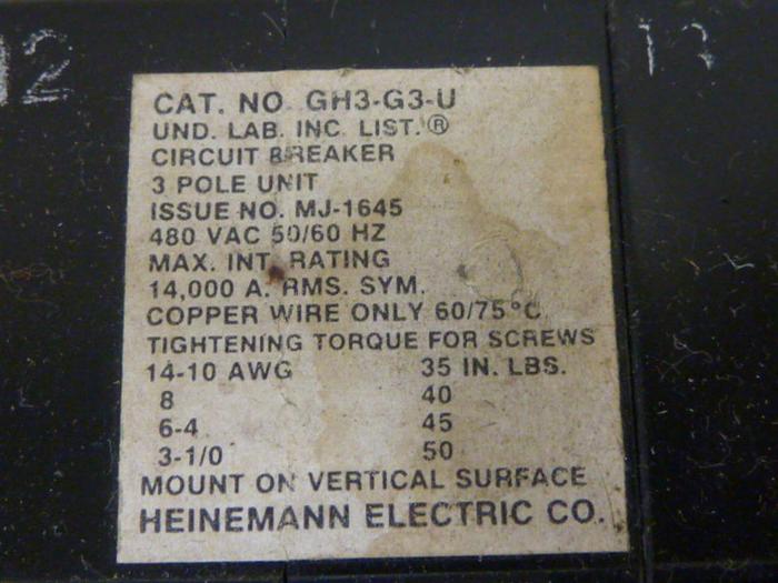 Used HEINEMANN 40 Amp Circuit Breaker GH3-G3-U #60965