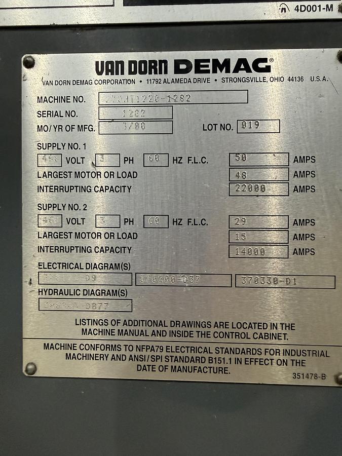 Used 2000 VAN DORN DEMAG 230 Ton Injection Molding Machine 230HT1220 USED #152289