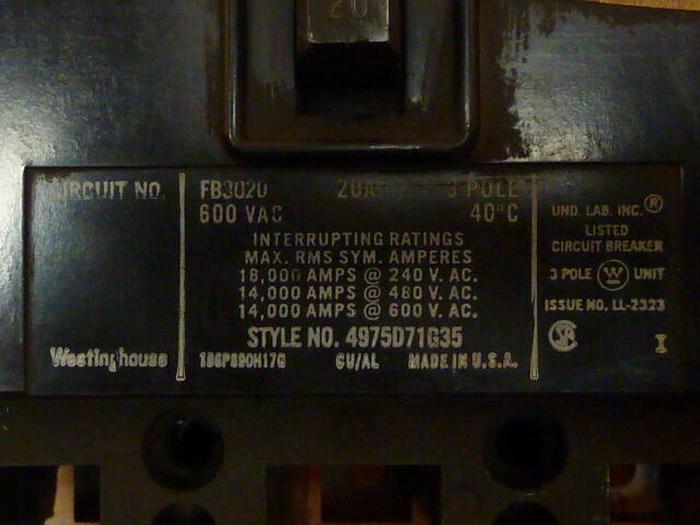 Used WESTINGHOUSE 20 Amp Circuit Breaker FB3020 #28441