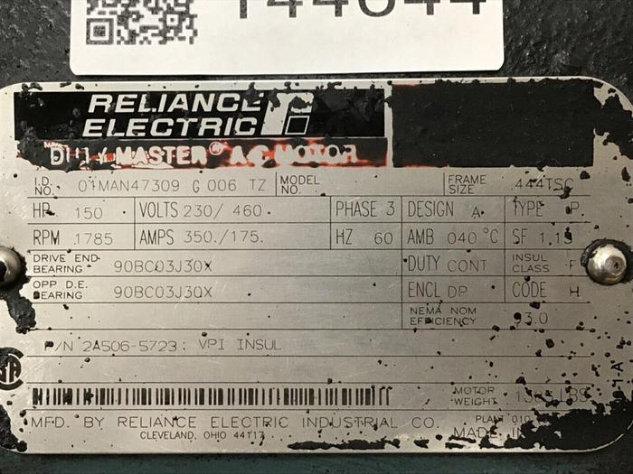 Used RELIANCE ELECTRIC 150 HP Motor 01MAN47309 G006 TZ Used