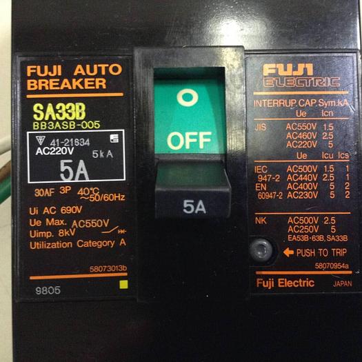 Used FUJI ELECTRIC 5 Amp Circuit Breaker SA33B-5 #89009