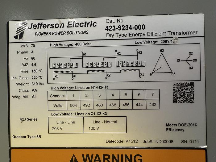 Used JEFFERSON ELECTRIC 75 kVA Transformer 423-9234-000 USED