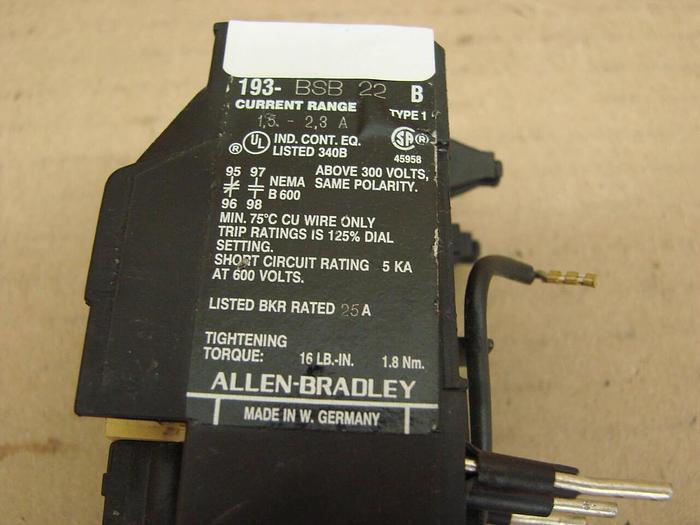 Used ALLEN BRADLEY Overload Relay 193-BSB 22 SER B Used