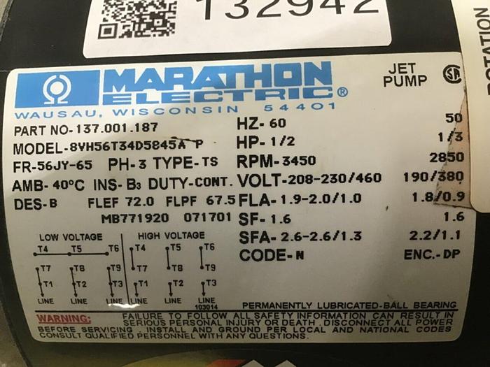 Used MARATHON ELECTRIC Jet Pump 8VH56T34D5845A P #132942