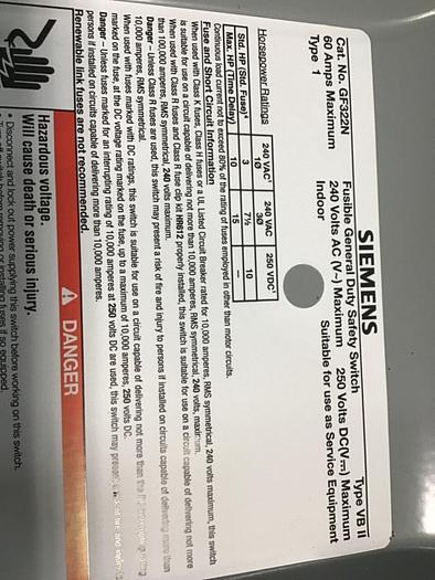 Used SIEMENS General Duty Safety Disconnect Switch GF322N VBII #137858