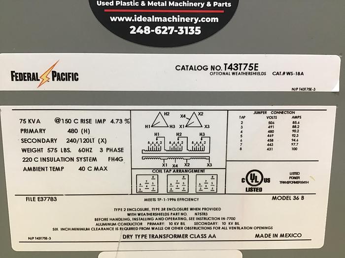 Used FEDERAL PACIFIC 75 kVA Transformer T43T75E Used #145633