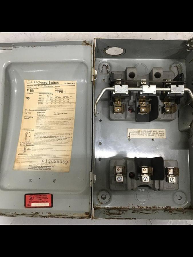 Used SIEMENS 30 Amp ITE Heavy Duty Vacu-Break F-351 USED