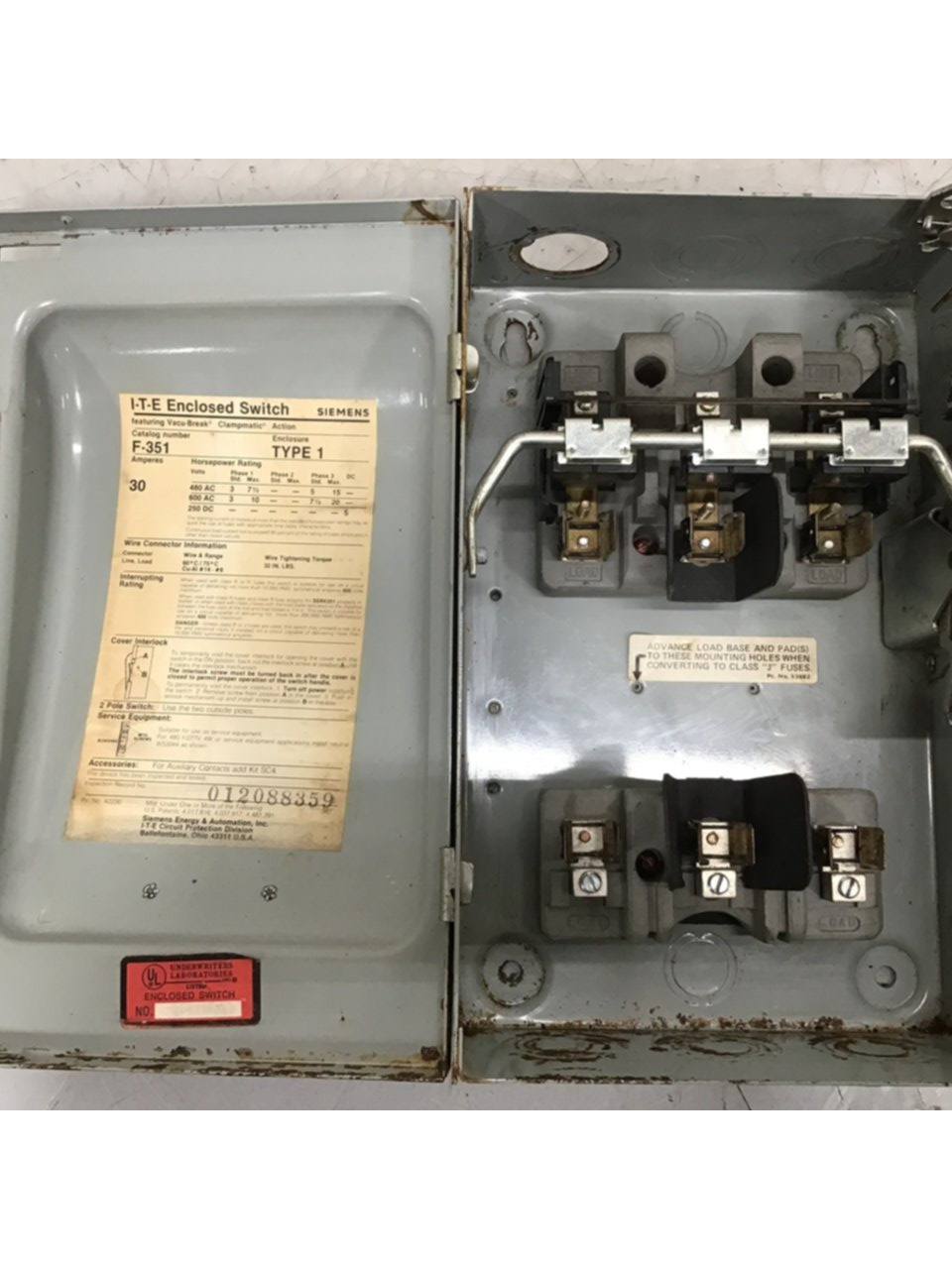 Used SIEMENS 30 Amp ITE Heavy Duty Vacu-Break F-351 USED