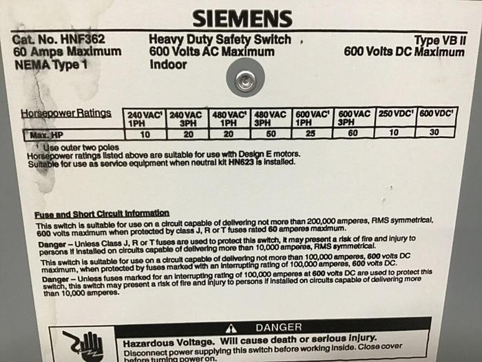 Used SIEMENS Heavy Duty Safety Disconnect Switch HNF362 #130227