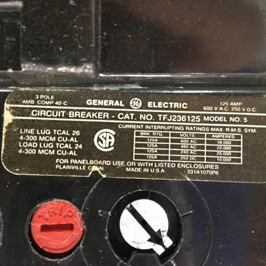 Used GENERAL ELECTRIC / GE 125 Amp Circuit Breaker TFJ236125 Used