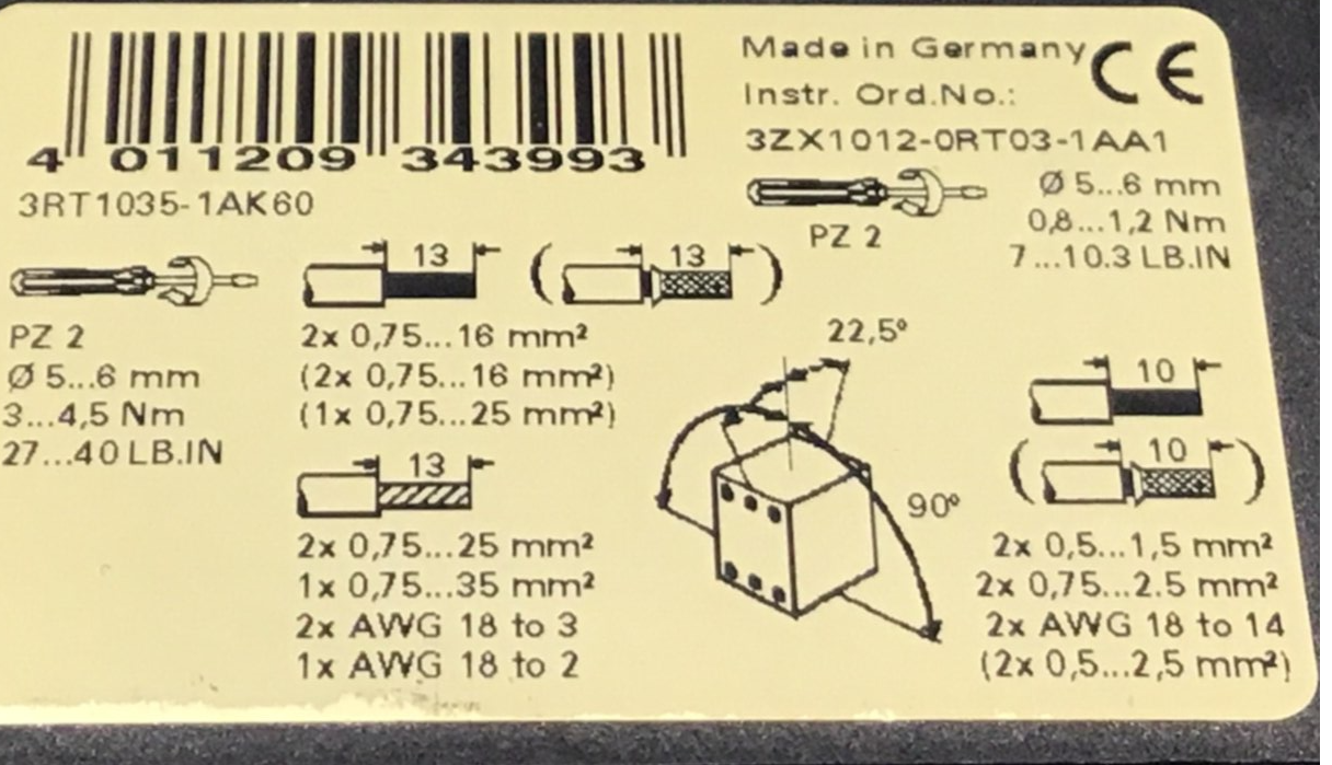 Used SIEMENS Power Contactor 3RT1035-1AK60 USED