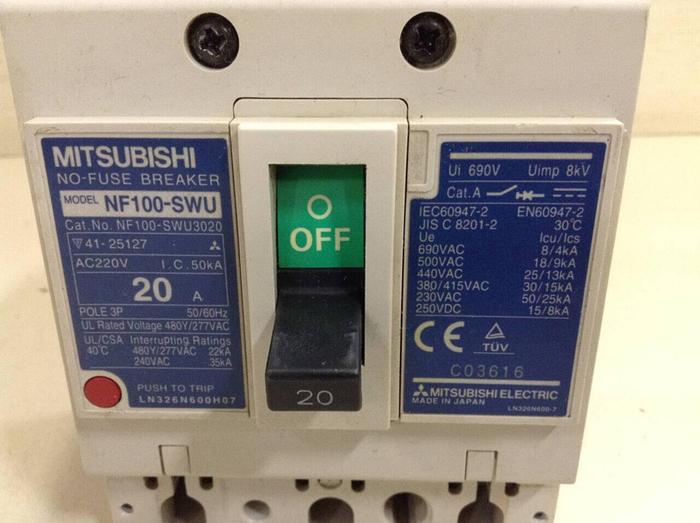 Used MITSUBISHI 20 Amp No-Fuse Breaker NF100-SWU3020 #78134