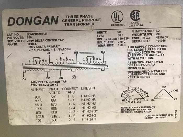 Used DONGAN 30 kVA Transformer 63-61030SH Used
