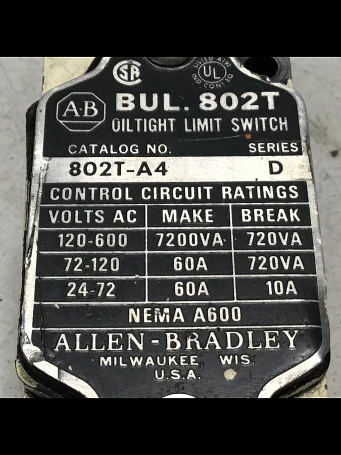 Used ALLEN BRADLEY Limit Switch 802T-A4 SER D #122057