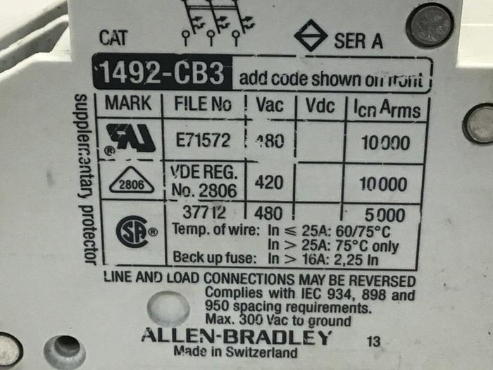 Used ALLEN BRADLEY 2 Amp Circuit Breaker 1492-CB3/G020 SER A Used