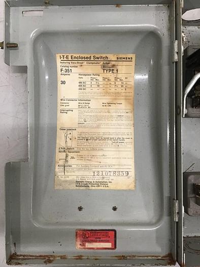 Used SIEMENS 30 Amp ITE Heavy Duty Vacu-Break F-351 #127054