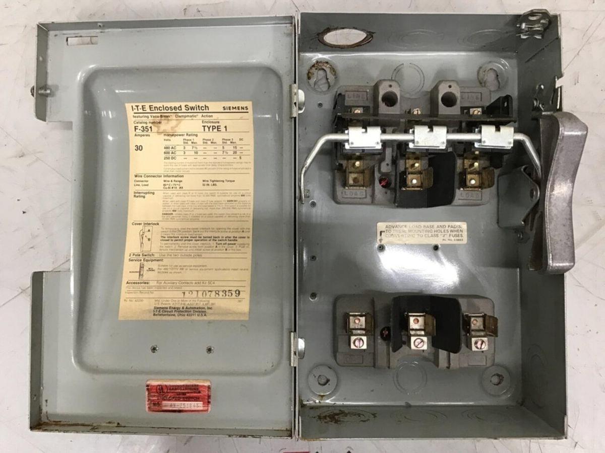 Used SIEMENS 30 Amp ITE Heavy Duty Vacu-Break F-351 USED