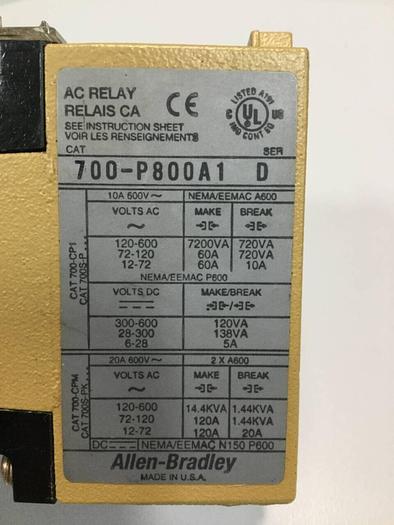 Used ALLEN BRADLEY AC Relay 700-P800A1 SER D #92987
