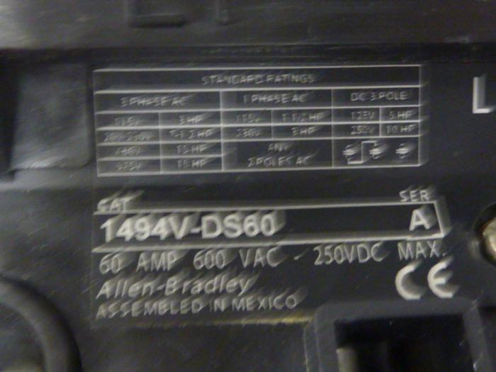 Used ALLEN BRADLEY 60 Amp Disconnect Switch 1494V-DS60 SER A #57442