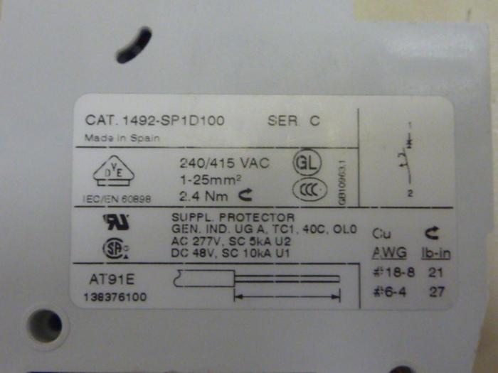 Used ALLEN BRADLEY 10 Amp Circuit Breaker 1492-SP1D100 SER C #63760
