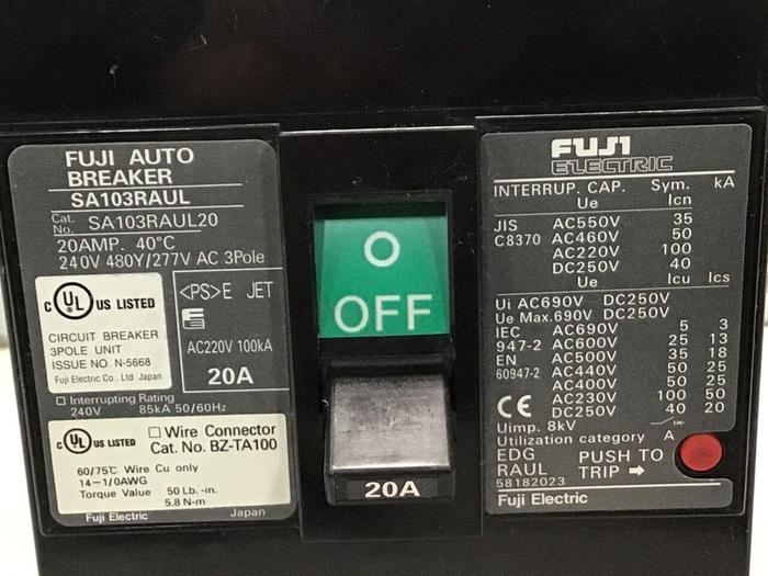 Used FUJI ELECTRIC 20 Amp Circuit Breaker SA103RAUL20 #124174